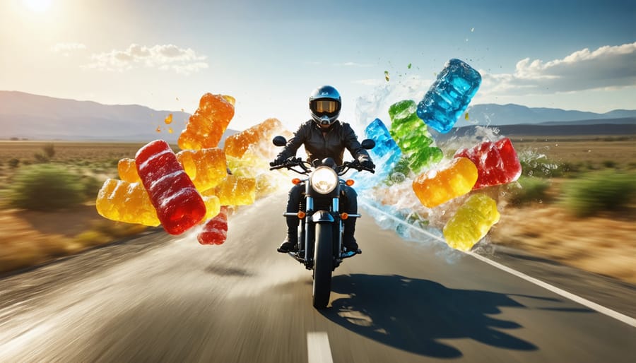 A motorcyclist riding confidently on an open road, surrounded by vibrant CBD gummies turning into streams of calming energy, symbolizing enhanced focus and calmness.