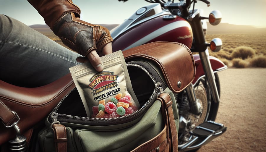 Close-up of a hand pulling a resealable bag of freeze dried candy treats out of a motorcycle saddlebag.